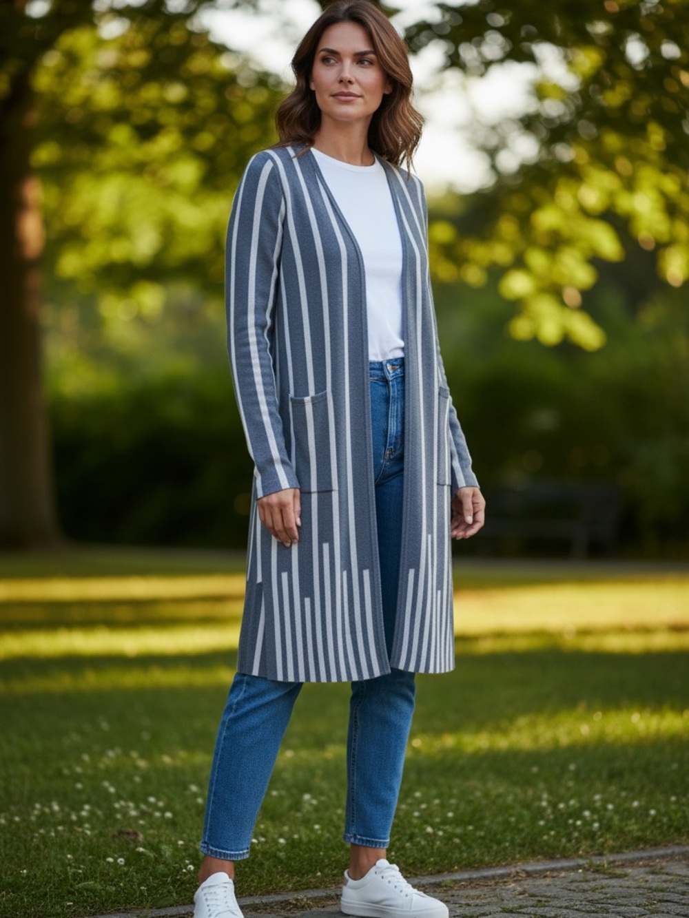 Saks Fifth Avenue Navy and Gray Striped Dress